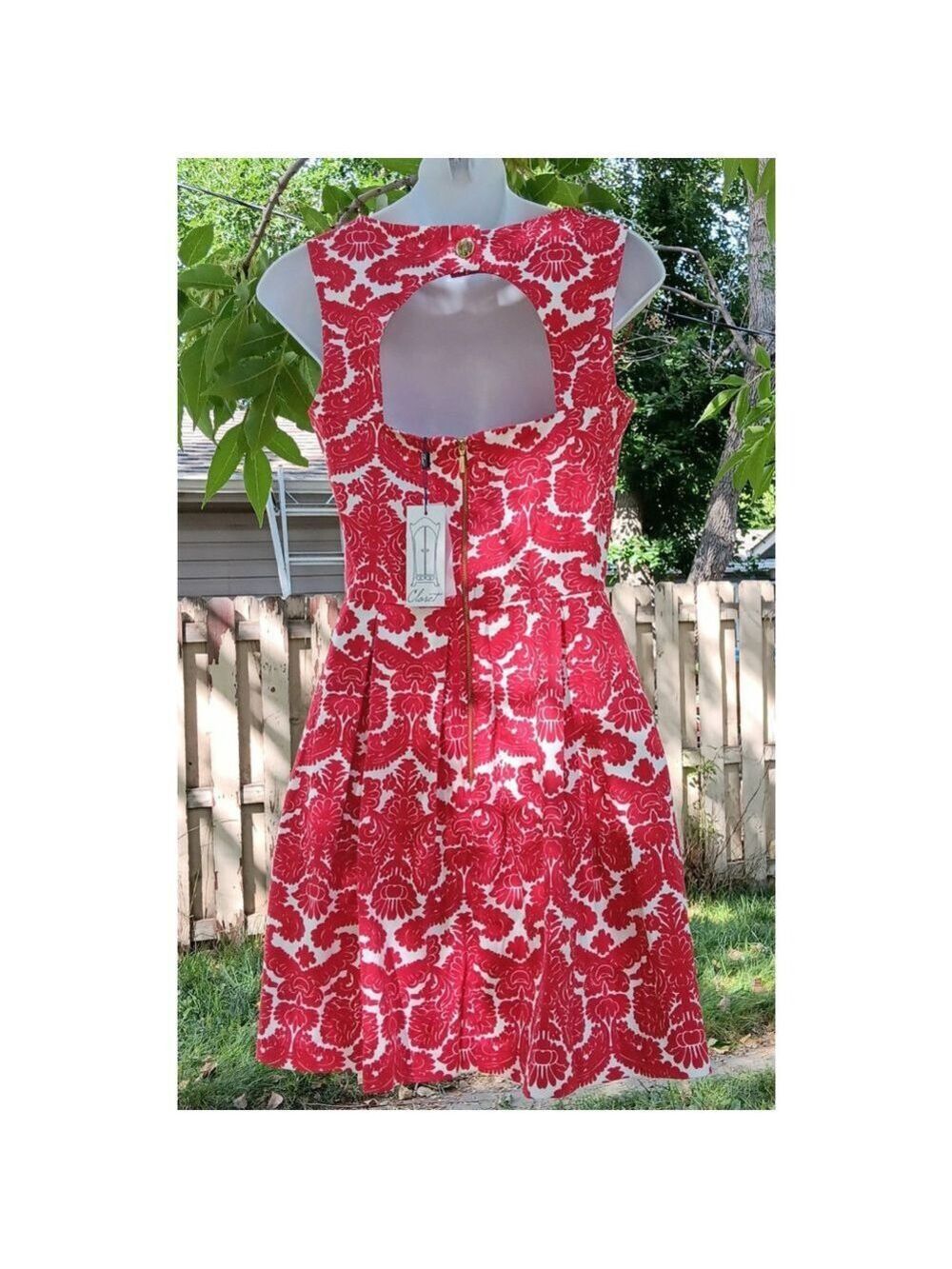 Closet London Red Damask Mini Dress Size 4 - Picture 2 of 6